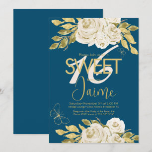 Monogrammed Sweet 16 Ivory Rose Pink Florals Navy Invitation