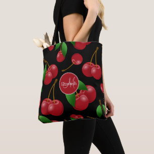 monogrammed sweet red cherries pattern tote bag