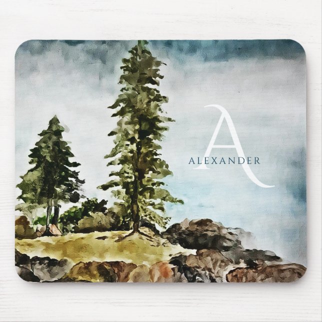 Monogrammed Tahoe Lake Watercolor Landscape Mouse Mat (Front)