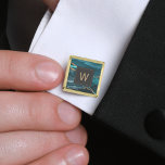 Monogrammed Teal Agate Gold Dark Square Gold Finish Cufflinks<br><div class="desc">These elegant cufflinks feature a teal watercolor agate geode design with gold faux glitter highlights. Personalise them with his monogram initial in gold-coloured text on an off-black square. They coordinate with our teal and gold agate dark wedding suite. Also available in round shape. They make great gifts for your groomsmen!...</div>