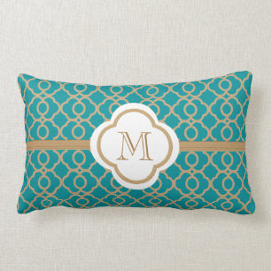 Monogrammed Teal and Gold Moroccan Lumbar Cushion