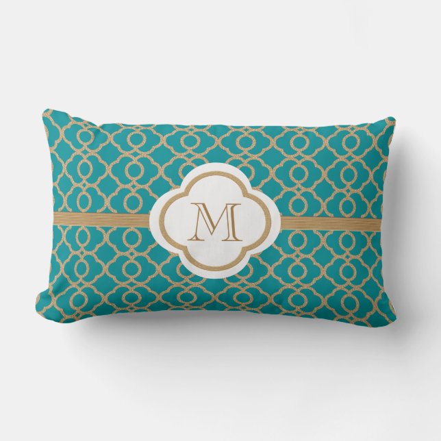 Monogrammed Teal and Gold Moroccan Lumbar Cushion (Front)