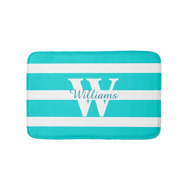 Monogrammed Teal and White Bath Mat (Front)