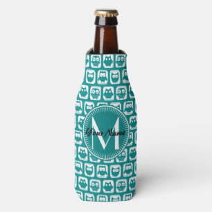 Monogrammed Teal and White Owls Bottle Cooler