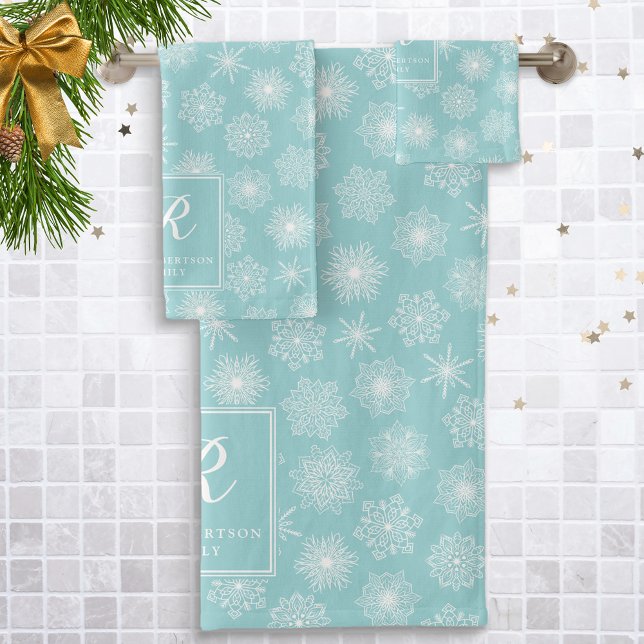 Monogrammed Teal Aqua Snowflakes Coastal Winter Bath Towel Set (Creator Uploaded)