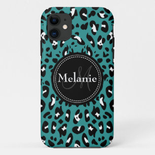 Monogrammed Teal Black White Leopard Pattern iPhone 11 Case