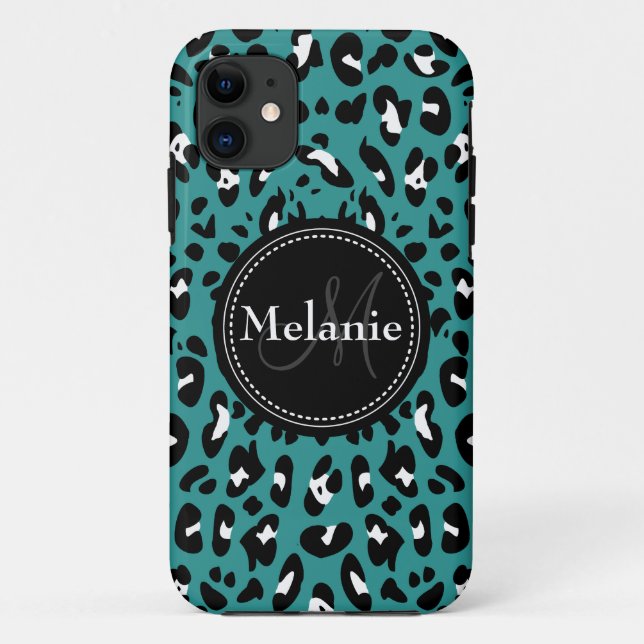 Monogrammed Teal Black White Leopard Pattern Case-Mate iPhone Case (Back)