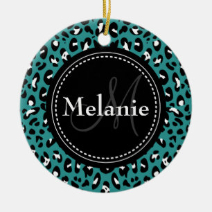 Monogrammed Teal Black White Leopard Pattern Ceramic Tree Decoration