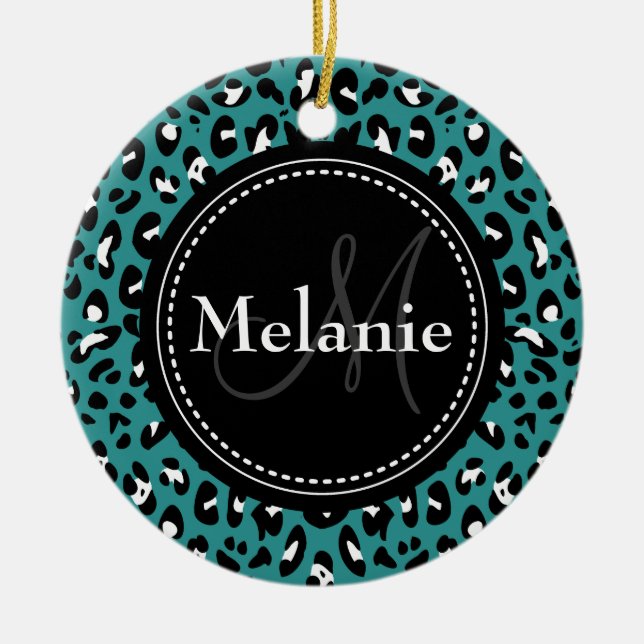 Monogrammed Teal Black White Leopard Pattern Ceramic Tree Decoration (Front)