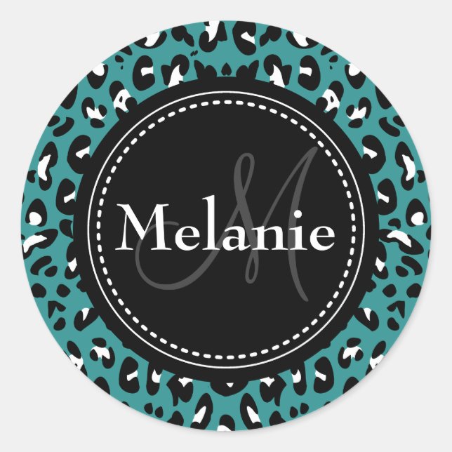 Monogrammed Teal Black White Leopard Pattern Classic Round Sticker (Front)
