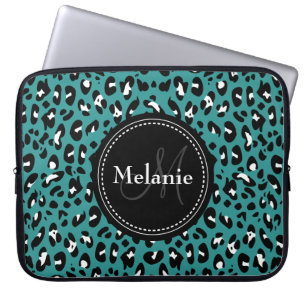 Monogrammed Teal Black White Leopard Pattern Laptop Sleeve