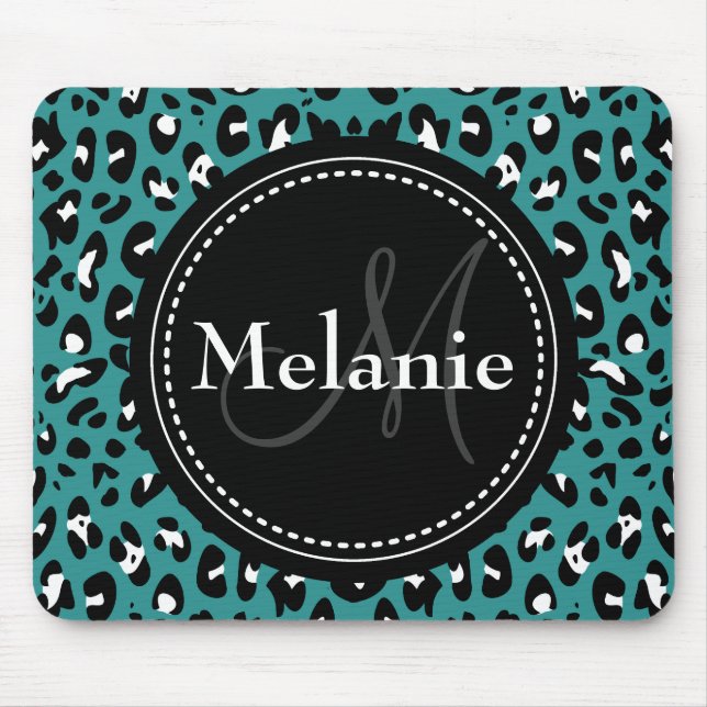 Monogrammed Teal Black White Leopard Pattern Mouse Mat (Front)