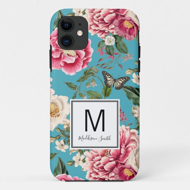Monogrammed Teal Blue Floral Pattern Case-Mate iPhone Case (Back)