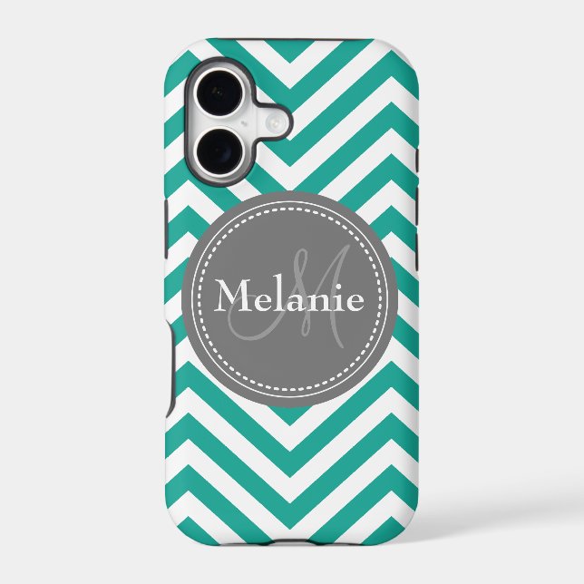 Monogrammed Teal Blue & Grey Zigzag (Back)