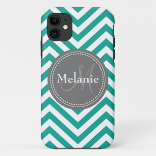 Monogrammed Teal Blue & Grey Zigzag iPhone 11 Case