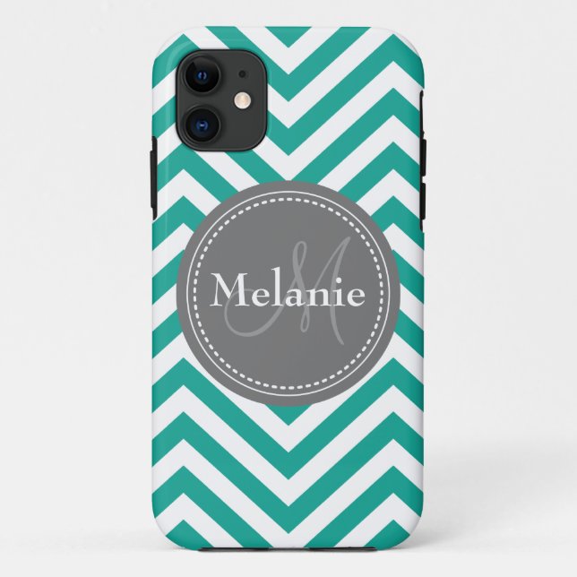 Monogrammed Teal Blue & Grey Zigzag Case-Mate iPhone Case (Back)
