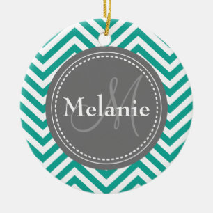 Monogrammed Teal Blue & Grey Zigzag Ceramic Tree Decoration