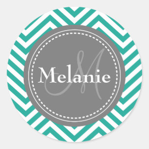 Monogrammed Teal Blue & Grey Zigzag Classic Round Sticker