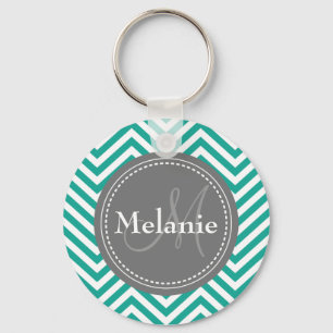 Monogrammed Teal Blue & Grey Zigzag Key Ring