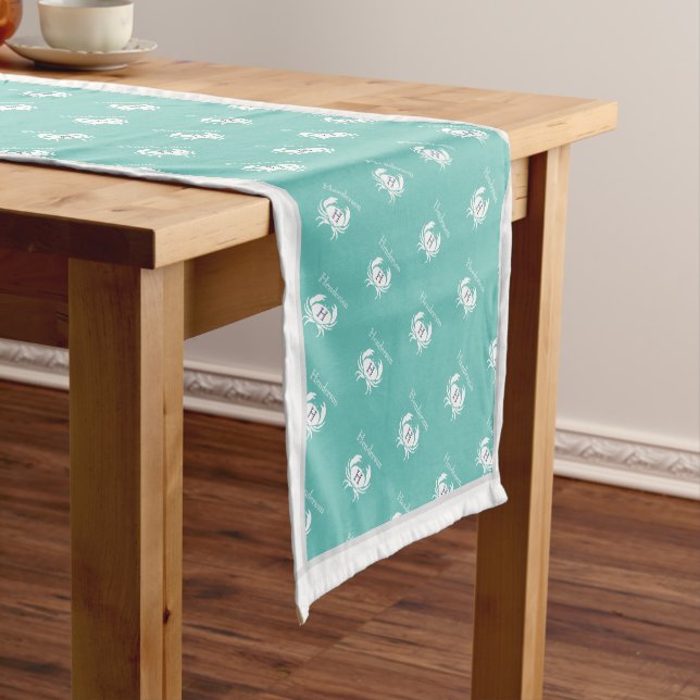 Monogrammed Teal Blue White Crab Nautical Short Ta Short Table Runner (In Situ)