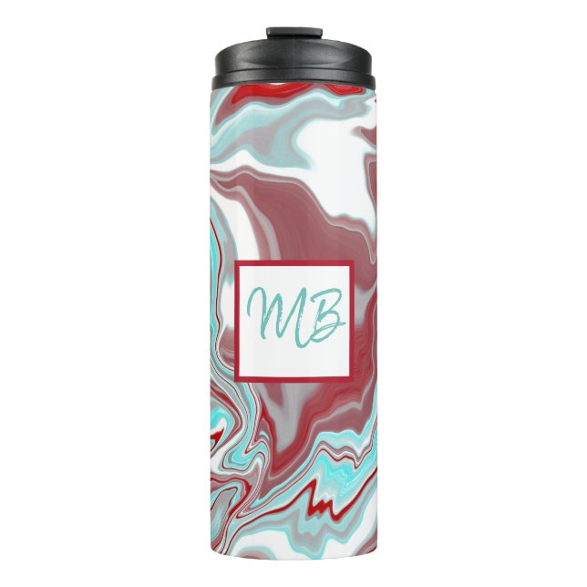Monogrammed Teal, Burgundy, Red and White Marble  Thermal Tumbler (Front)