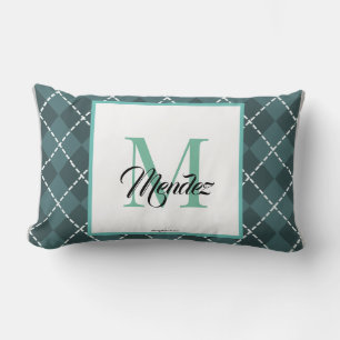 Monogrammed Teal Diamond Plaid Throw Pillow