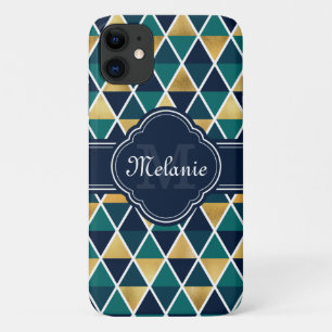 Monogrammed Teal Gold Geometric Triangle Pattern iPhone 11 Case