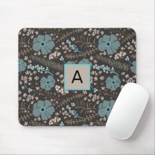 Monogrammed Teal Gray Pink Floral Pattern Mouse Mat