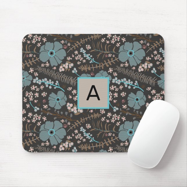 Monogrammed Teal Gray Pink Floral Pattern Mouse Mat (With Mouse)