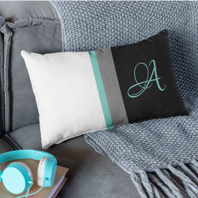 Monogrammed Teal Grey Black Striped Lumbar Cushion (Creator Uploaded)