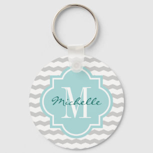 Monogrammed teal grey chevron pattern keychains