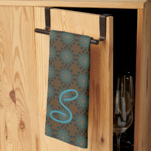 Monogrammed Teal Medallions Tea Towel
