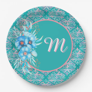 Monogrammed Teal Paper Plate