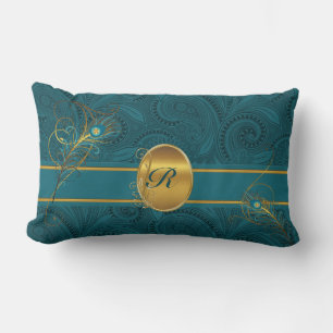 Monogrammed Teal Peacock with Gold 2-Sided Lumbar Cushion