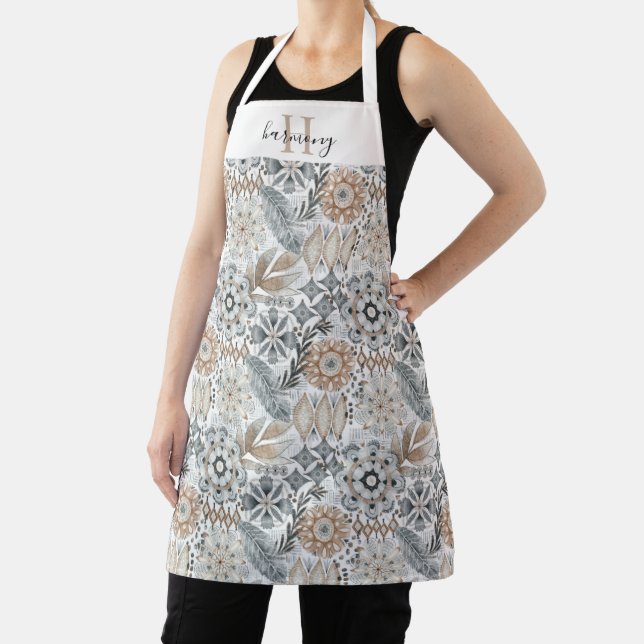 Monogrammed Terracotta Grey Botanical Boho Pattern Apron (Insitu)