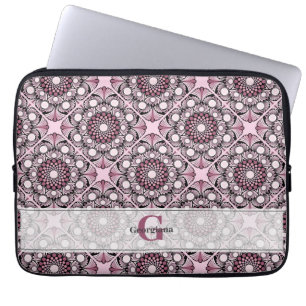 Monogrammed Tile Dusky Rose Cherry Blossom Mandala Laptop Sleeve