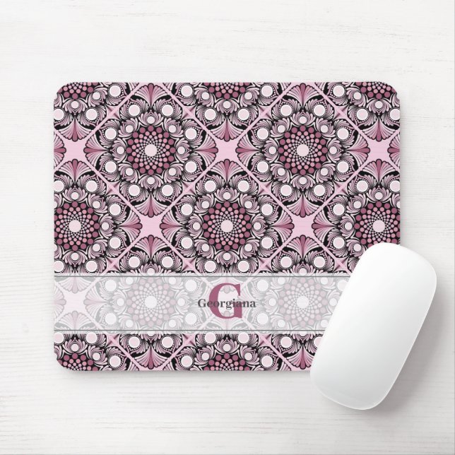 Monogrammed Tile Dusky Rose Cherry Blossom Mandala Mouse Mat (With Mouse)