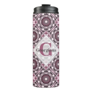 Monogrammed Tile Dusky Rose Cherry Blossom Mandala Thermal Tumbler