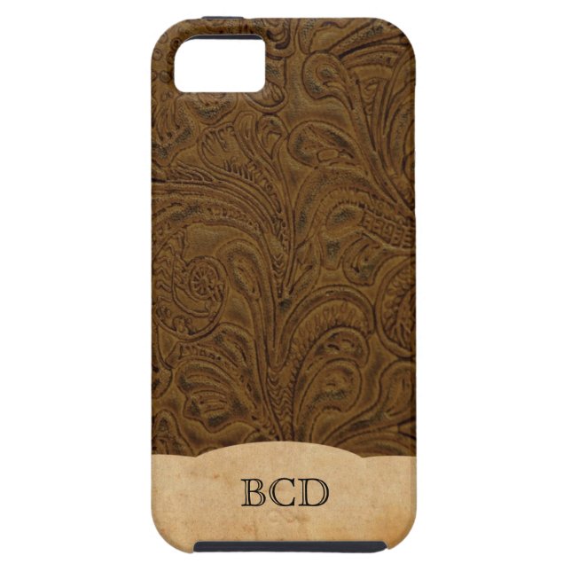 Monogrammed Tooled Leather Look Rustic Country Case-Mate iPhone Case (Back)