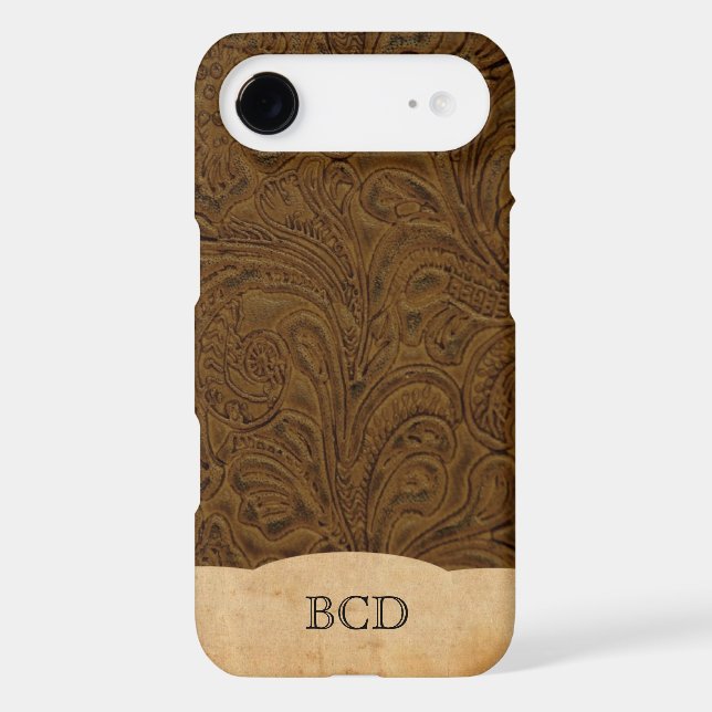 Monogrammed Tooled Leather Look Rustic Country Case-Mate iPhone Case (Back)