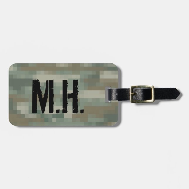 Monogrammed travel luggage tag | Pixel camouflage (Front Horizontal)