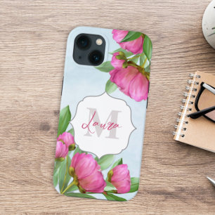 Monogrammed Trendy Floral Peony Flower Elegant iPhone 13 Case