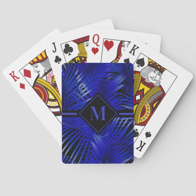 Monogrammed Tropical Blue Palm Playing Cards (Back)