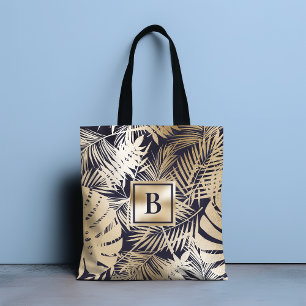 Monogrammed Tropical Floral Gold Navy Tote Bag