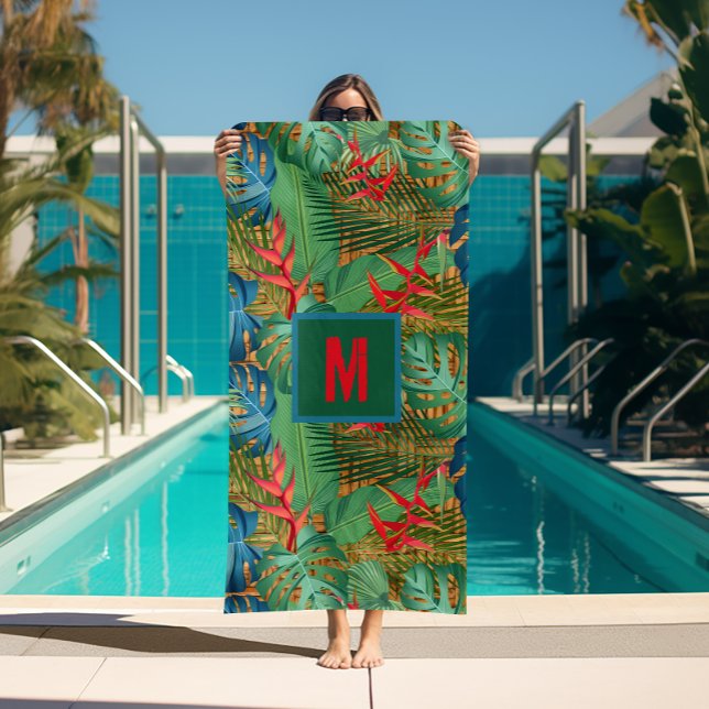 Monogrammed Tropical Floral on Wicker Print Beach Towel (Monogrammed Tropical Floral on Wicker Print Beach Towel (white on reverse side))