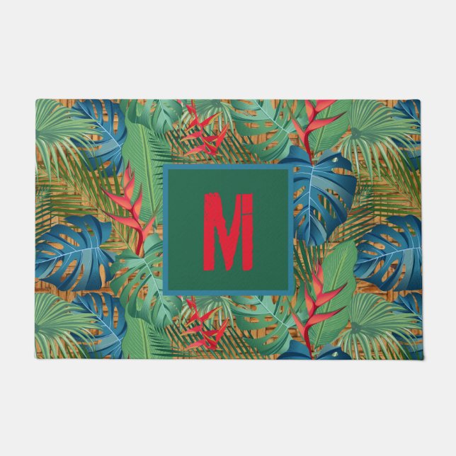 Monogrammed Tropical Floral on Wicker Print Doormat (Front)