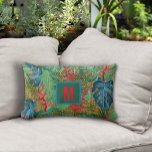 Monogrammed Tropical Floral on Wicker Print Lumbar Cushion<br><div class="desc">Your initial,  tropical red heliconia flowers and leaves on a woven wicker print pattern makes stylish summer themed lumber throw pillows. MATCHING items in our store.</div>