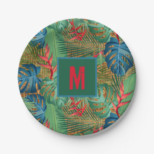 Monogrammed Tropical Floral on Wicker Print Paper Plate