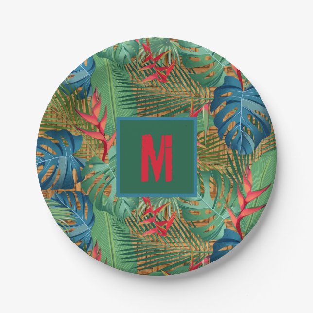 Monogrammed Tropical Floral on Wicker Print Paper Plate (Front)