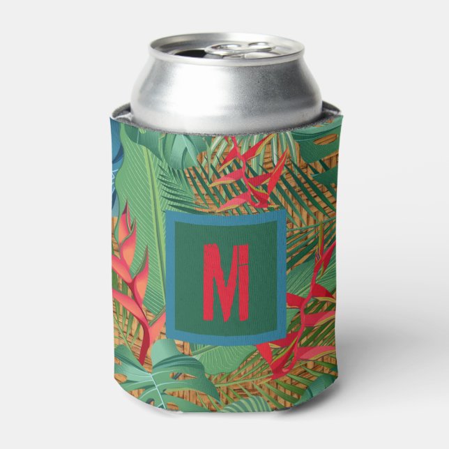 Monogrammed Tropical Flowers on Wicker Print Can Cooler (Can Front)